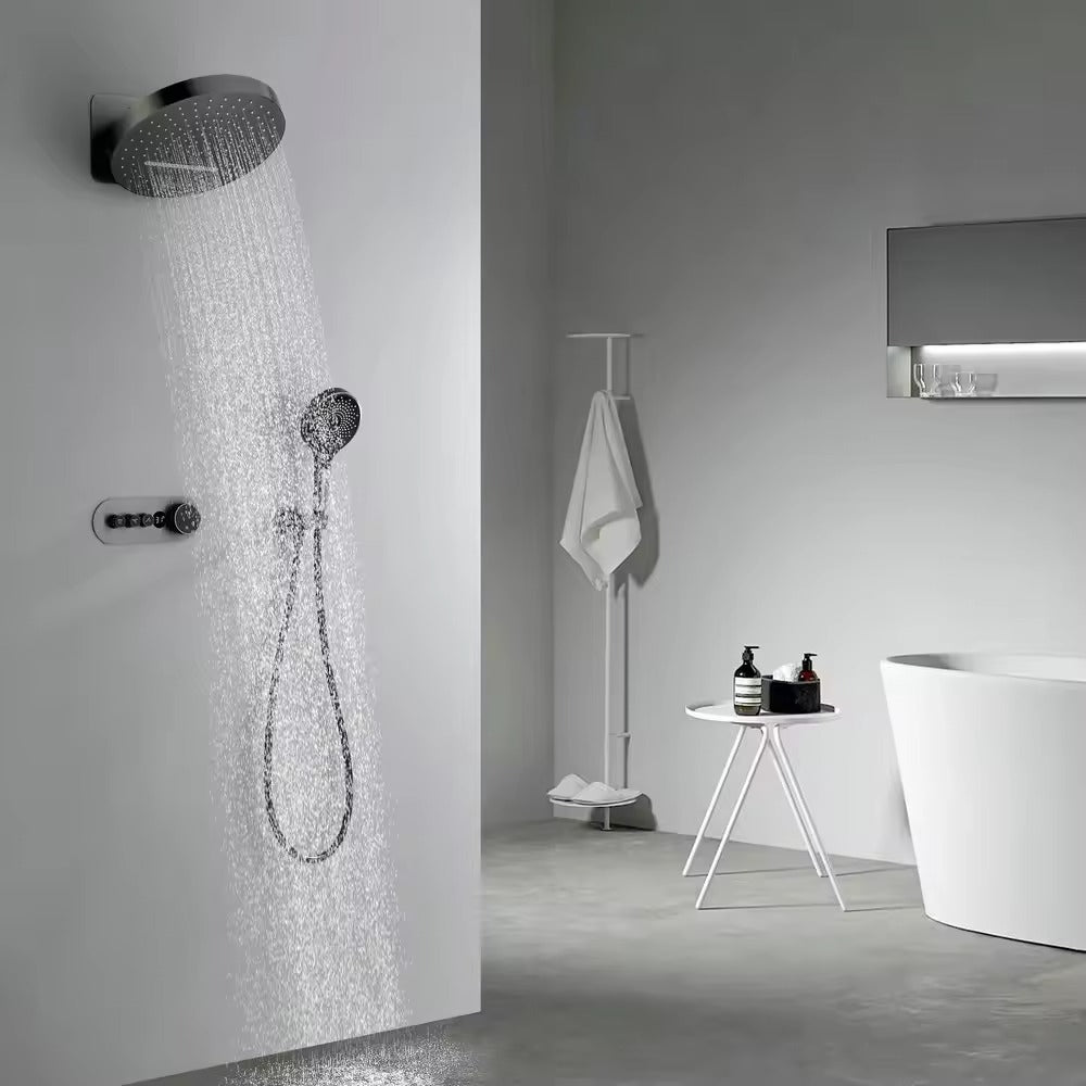 Nuevo diseño de lujo, pantalla Digital inteligente de temperatura, botón pulsador oculto montado en la pared, ducha de lluvia, cascada, latón y cerámica
