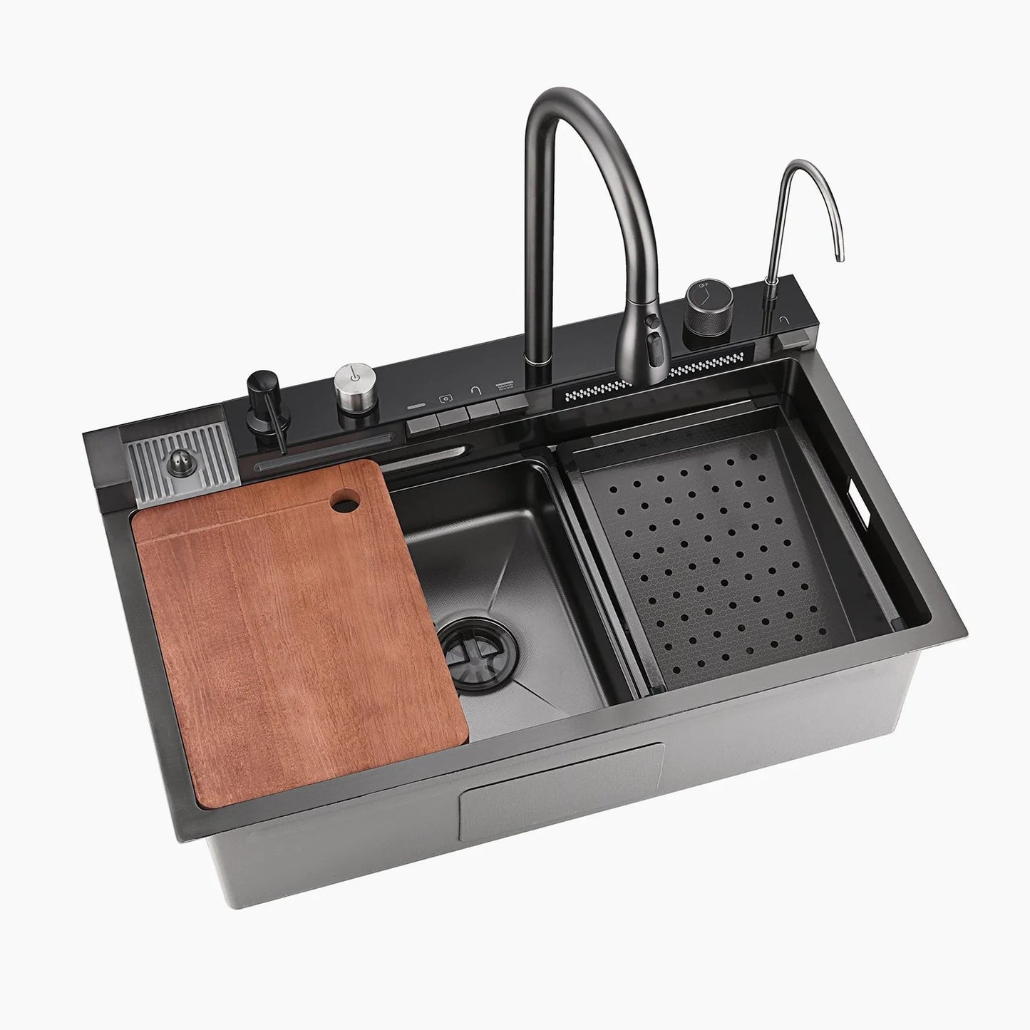 Fregadero de cocina con dos grifos en cascada Aqua pantalla digital de temperatura e iluminación LED