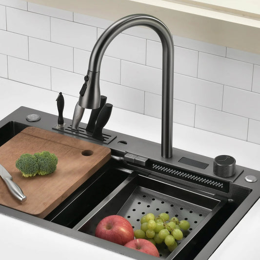 مجموعة حوض المطبخ لمحطة عمل أكوا ووترفول مع شاشة عرض رقمية لدرجة الحرارة وحامل سكاكين