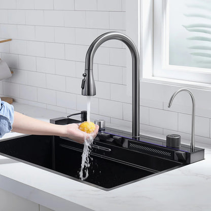 Kitchen sink with two Aqua waterfall faucets digital temperature display and LED lighting