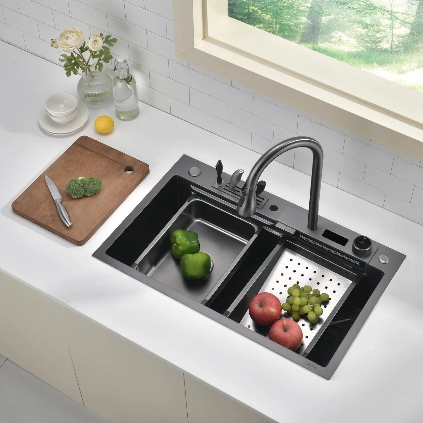 Aqua Waterfall Workstation Kitchen Sink Set with Digital Temperature Display and Knife Holder