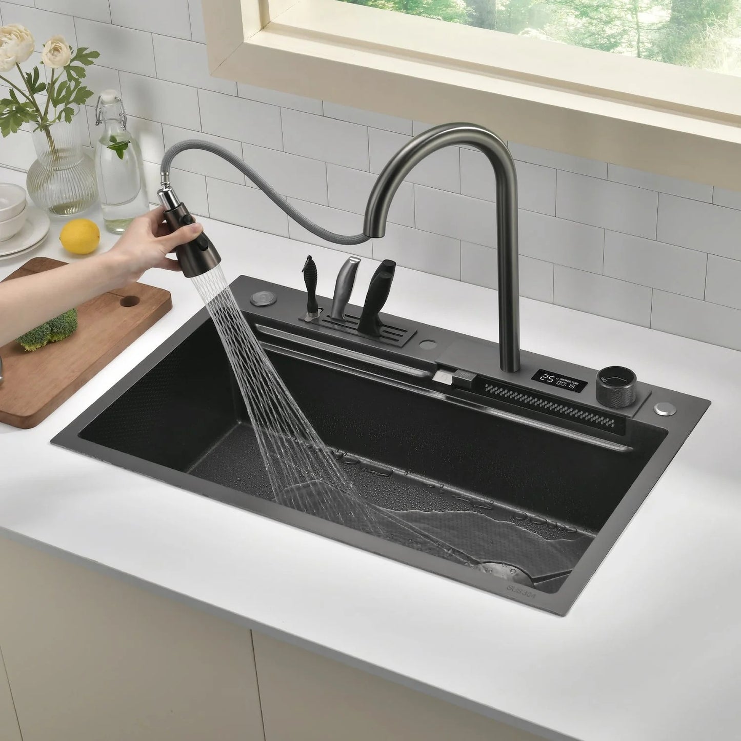Aqua Waterfall Workstation Kitchen Sink Set with Digital Temperature Display and Knife Holder