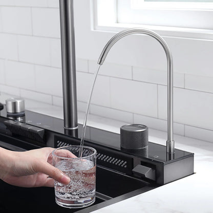 Kitchen sink with two Aqua waterfall faucets digital temperature display and LED lighting